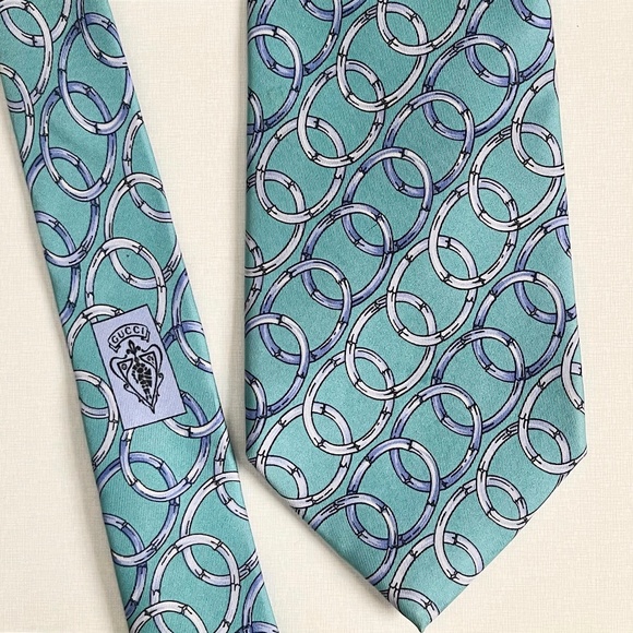 Gucci Silk Tie - robins egg BLUE + periwinkle INTERLOCKING Rings / Links - Picture 1 of 8